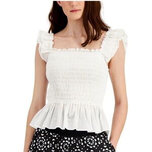 INC International Concepts White Smocked Peplum Tank Top Ruffle Blouse Cotton